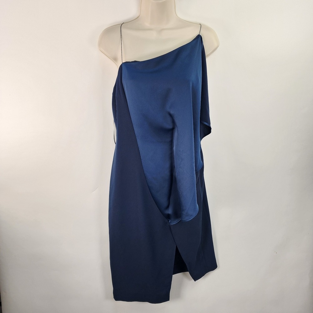 AQ/AQ Hestia Midi Dress Women's 6 Blue Charcoal Cocktail Draped Overlay Leg Slit